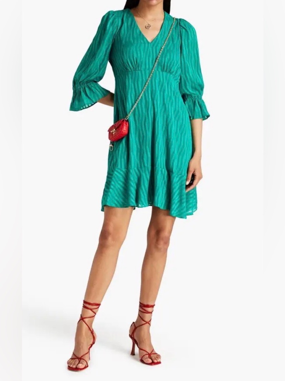 DKNY Women's Green Jade V-Neck Jacquard Stripe 3/4 Sleeves Dress Size 16